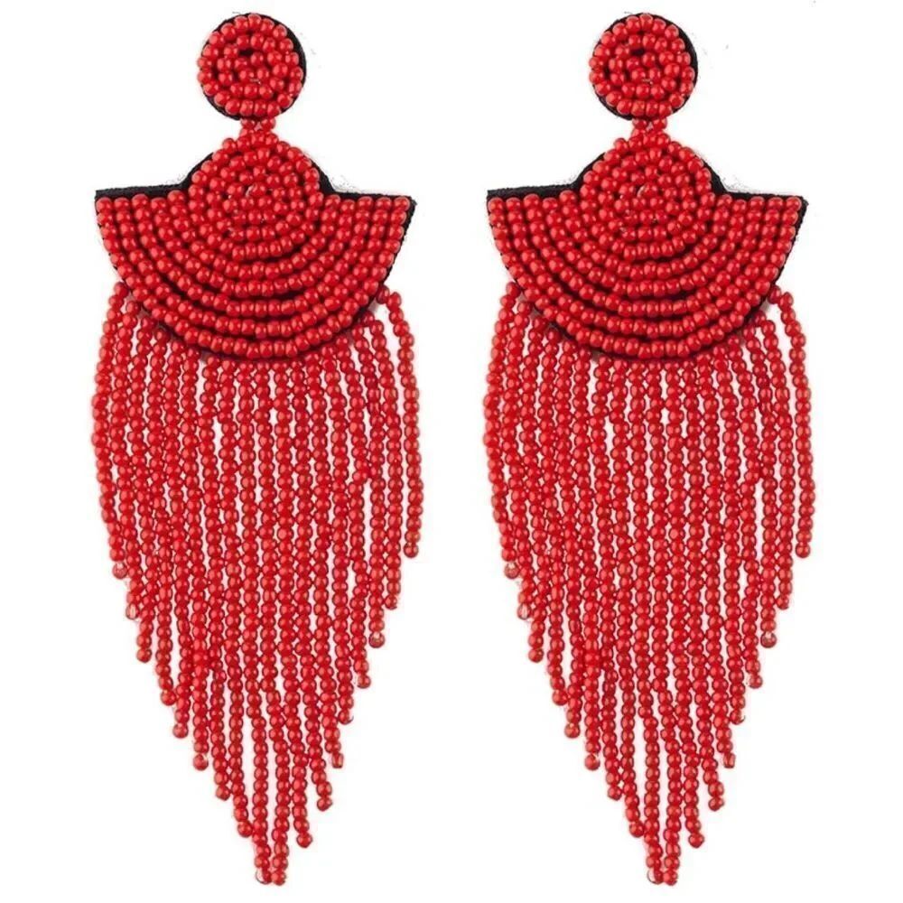 Long Boho Red Beaded Tassel Fringe Dangling Drop Fan Chandelier Post Earrings